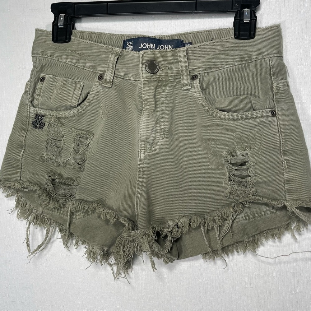 John John Olive Green Distressed Raw Hem Shorts
